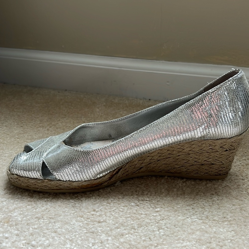 Women’s “Holly Would” brand silver wedge shoes.